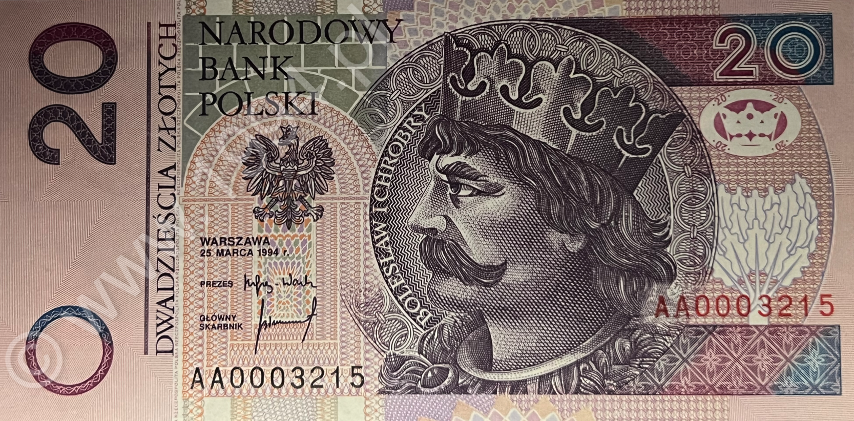 Polska 1994, banknot 20 zł, emisja obiegowa, Pick 174a, CM#197a, wariant a wg Miłczaka, prefiks AA, numer seryjny 0003215, druk TDLR