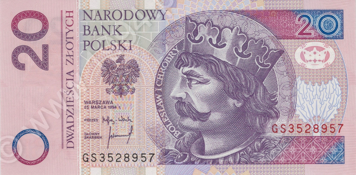 Polska 1994, banknot 20 zł, emisja obiegowa, Pick 174a, CM#197b, wariant b wg Miłczaka, prefiks GS, numer seryjny 3528957, druk PWPW SA, egzemplarz w slabie PMG 67★ EPQ