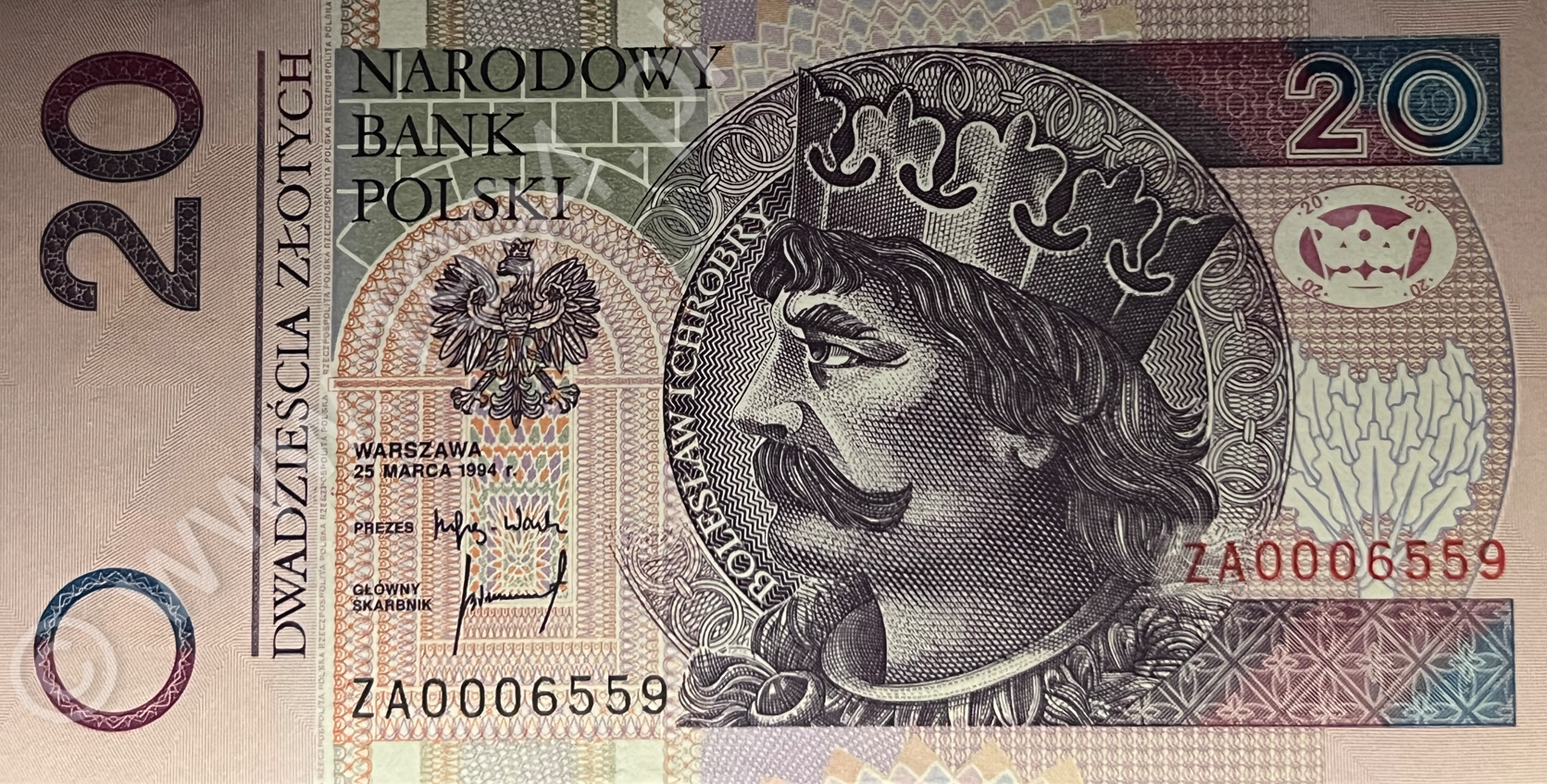 Polska 1994, banknot 20 zł, emisja zastępcza, Pick 174a*, CM#197c, wariant c wg Miłczaka, prefiks ZA, numer seryjny 0006559, druk TDLR, replacement note