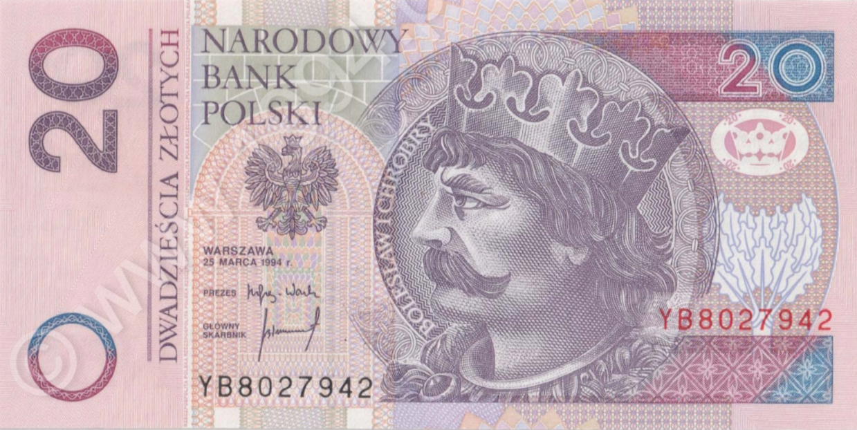 Polska 1994, banknot 20 zł, emisja zastępcza, Pick 174a*, CM#197d, wariant d wg Miłczaka, prefiks YB, numer seryjny 8027942, druk PWPW SA, egzemplarz w slabie PMG 66 EPQ
