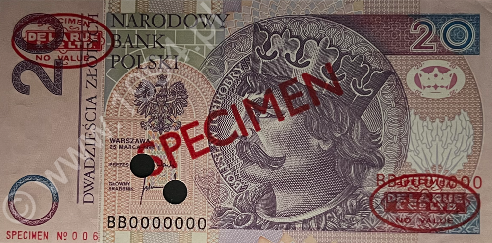 Polska 1994, banknot 20 zł, specimen TDLR, Pick 174as, CM#197Wb, wariant Wb wg Miłczaka, prefiks BB0000000, nadruk SPECIMEN i owalny stempel DE LA RUE NO VALUE