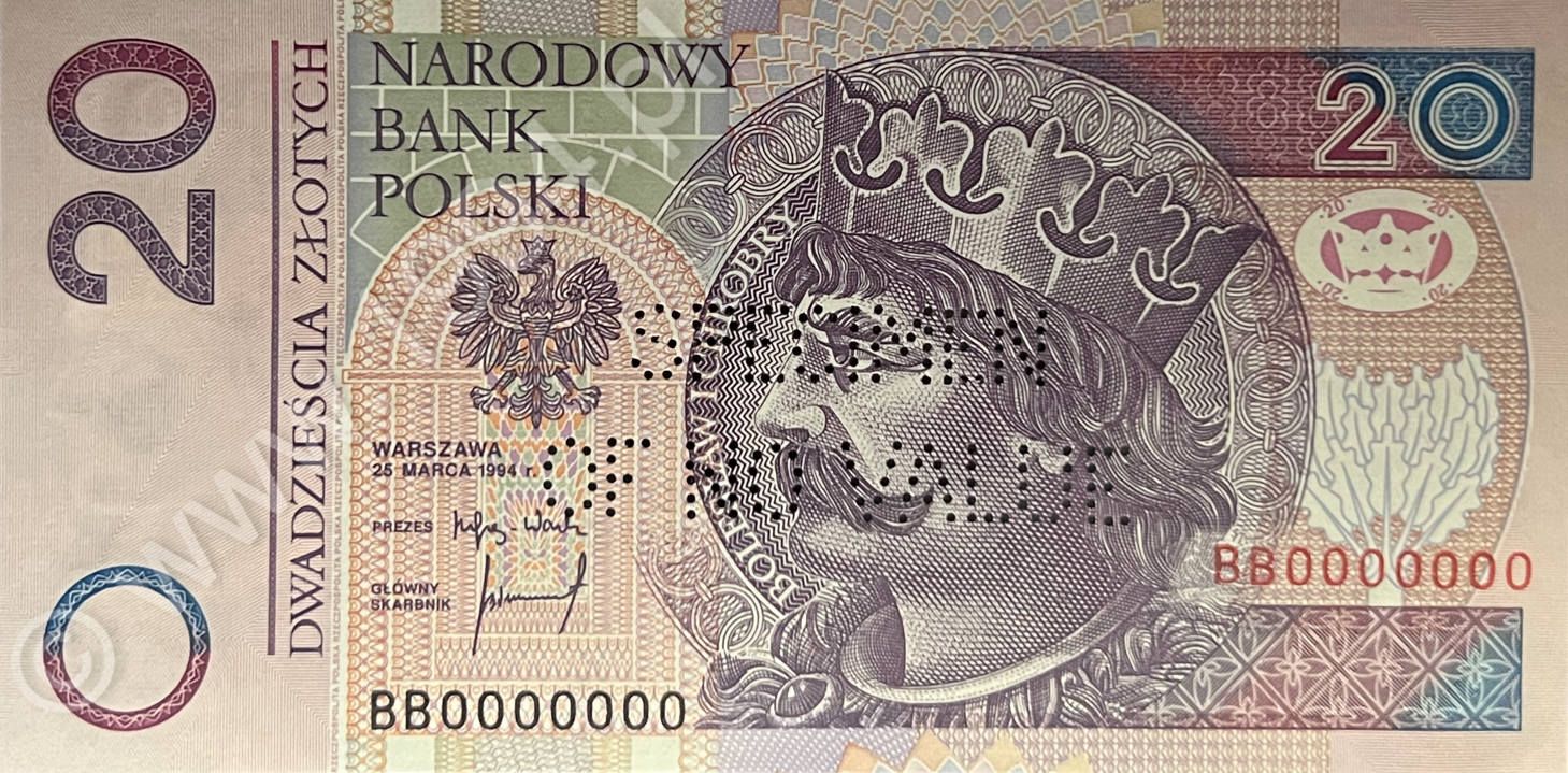 Polska 1994, banknot 20 zł, specimen, Pick 174ps, CM#197Wd, wariant Wd (autorska klasyfikacja), prefiks BB0000000, druk TDLR, perforacja SPECIMEN OF NO VALUE