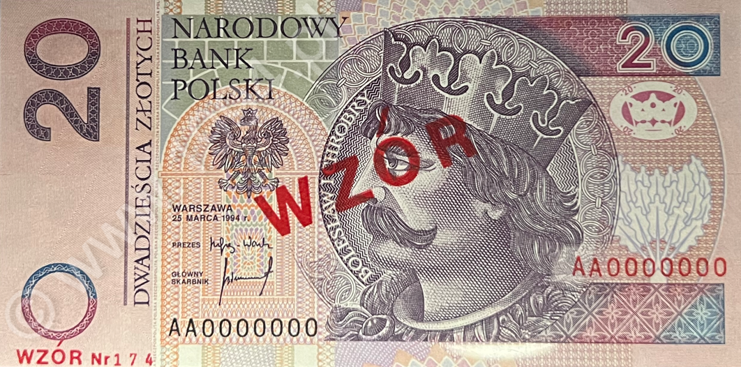 Polska 1994, banknot 20 zł, specimen PWPW, Pick 174s, CM#197Wa, wariant Wa wg Miłczaka, prefiks AA0000000, nadruk WZÓR