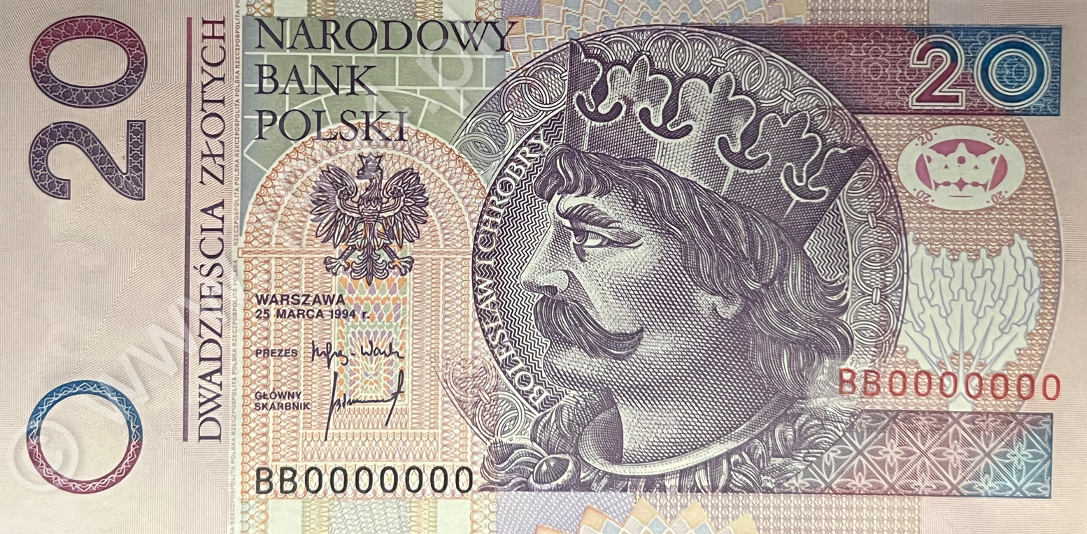 Polska 1994, banknot 20 zł, specimen, Pick Unlisted, CM#197Wc, wariant Wc wg Miłczaka, opisany jako wzór akceptacyjny bez nadruków ale w prefiksie AA, tutaj prefiks BB, numer serii 0000000, tego typu prefiks nienotowany w katalogu Miłczaka