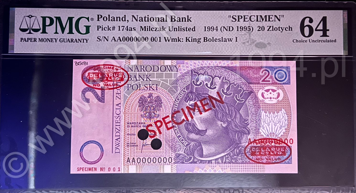 Polska 1994, banknot 20 zł, specimen, prefiks AA, PMG 64, czerwony stempel TDLR, wariant Wb wg katalogu Miłczaka, numer katalogowy Pick 173AS