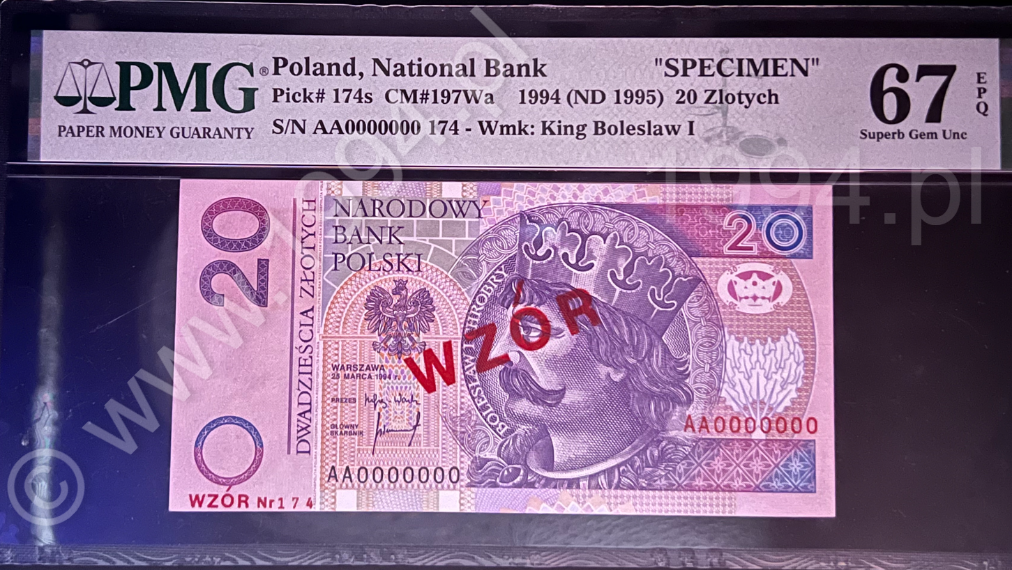 Polska 1994, banknot 20 zł, specimen, prefiks AA, PMG 67, nadruk WZÓR (PWPW), wariant WA wg katalogu Miłczaka, numer katalogowy Pick 173s