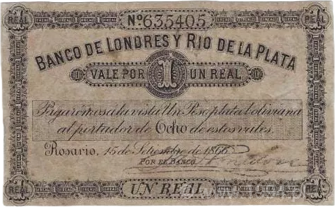 Argentina 1866 Banco de Londres y Río de la Plata 1 Real Rosario no. 635405 Type A