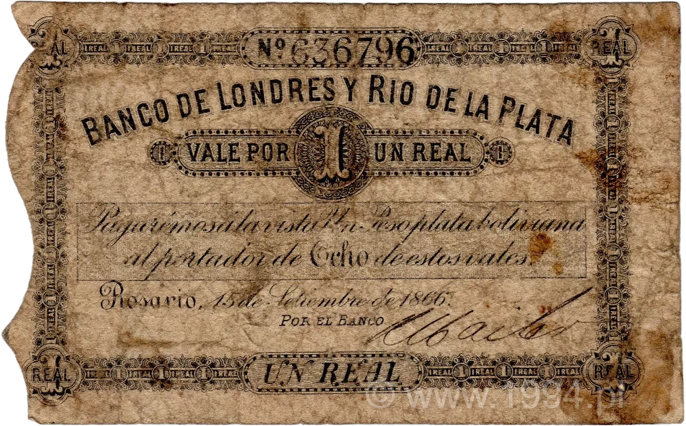 Argentina 1866 Banco de Londres y Río de la Plata 1 Real Rosario no. 636796 Type B