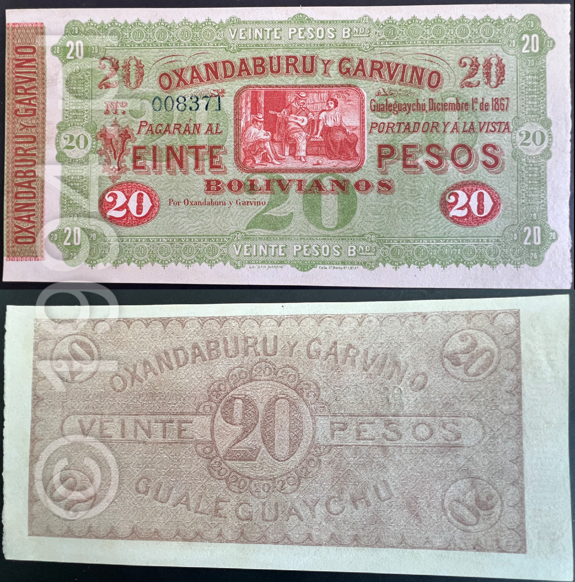 Argentina 1867 - Banco Oxandaburu y Garvino 20 Pesos Bolivianos Remainder (Pick S1778r)