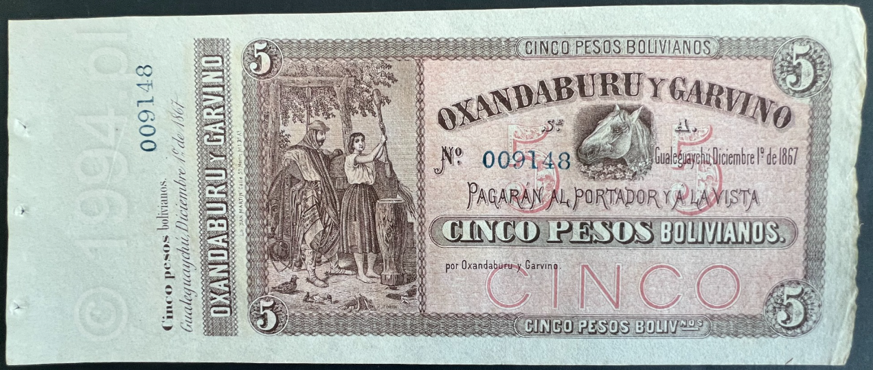 Argentina 1867 - Banco Oxandaburu y Garvino 5 Pesos Bolivianos Remainder (Pick S1776r)