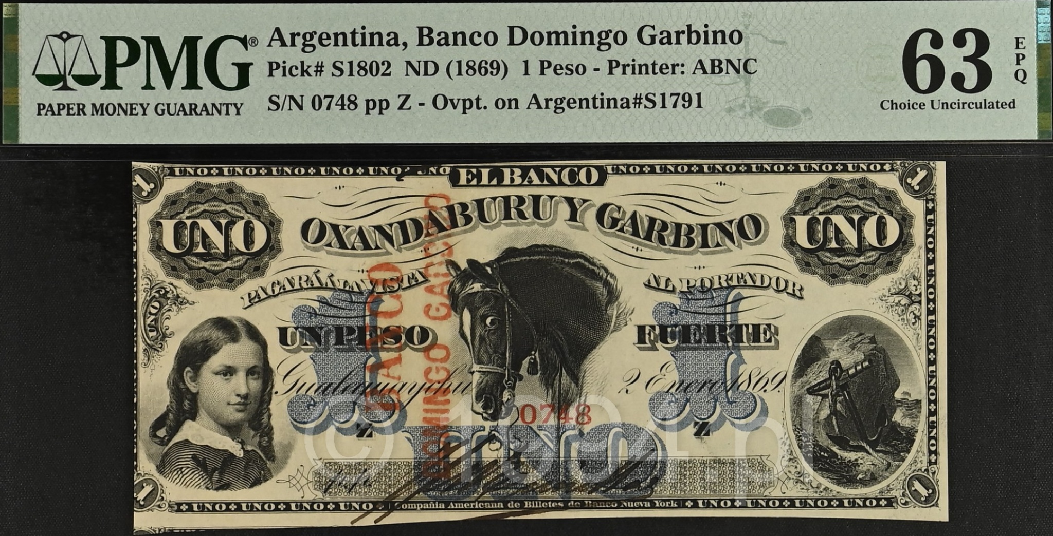 Argentina 1869 Banco Domingo Garbino 1 Peso Fuerte issued note, Pick S1802, overprint on Banco Oxandaburu y Garbino Pick S1791, red BANCO DOMINGO GARBINO overprint, PMG 63 EPQ