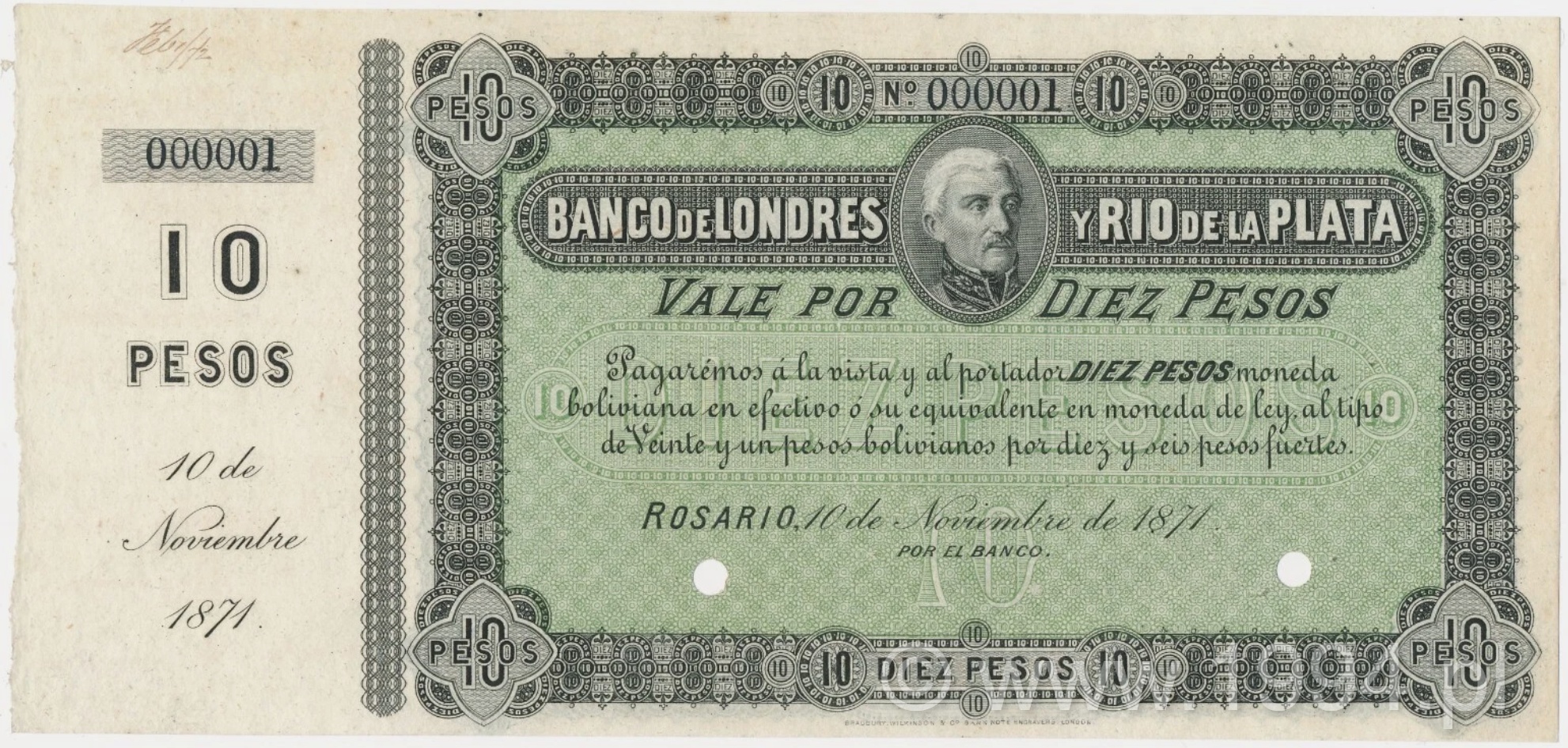 Argentina 1871 Banco de Londres y Río de la Plata 10 Pesos Specimen, Rosario branch, Serial 000001