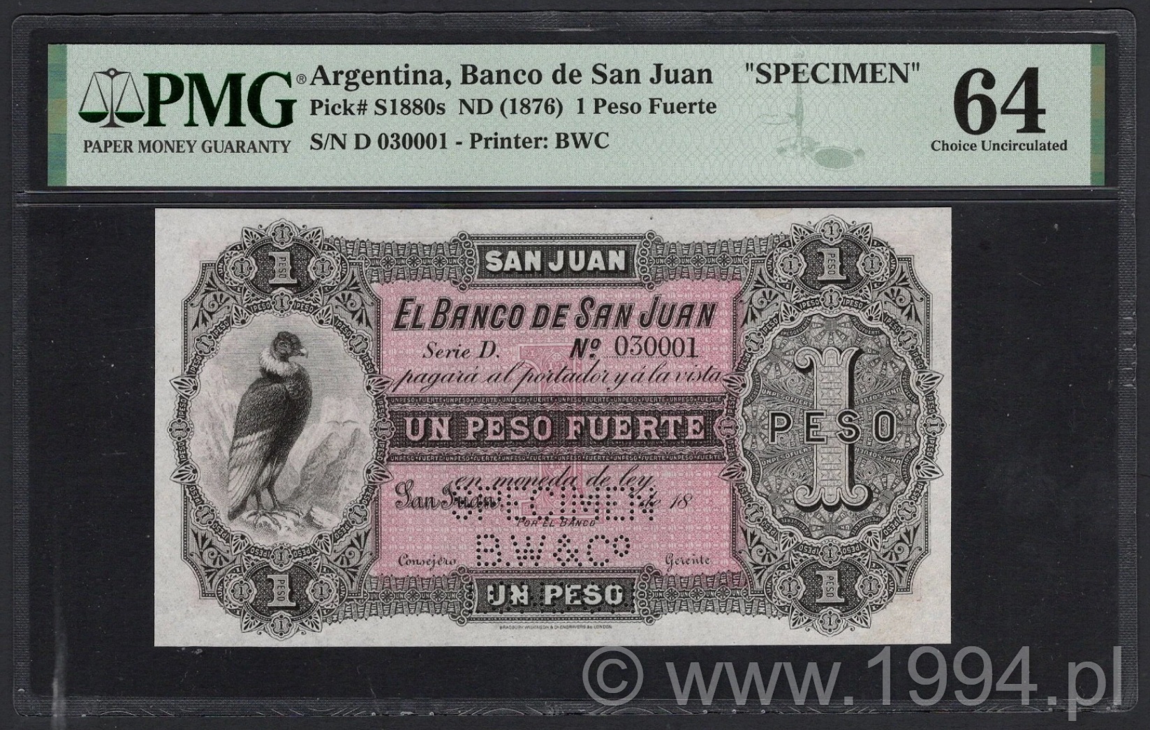 Argentina 1876 Banco de San Juan 1 Peso Fuerte specimen, PMG 64