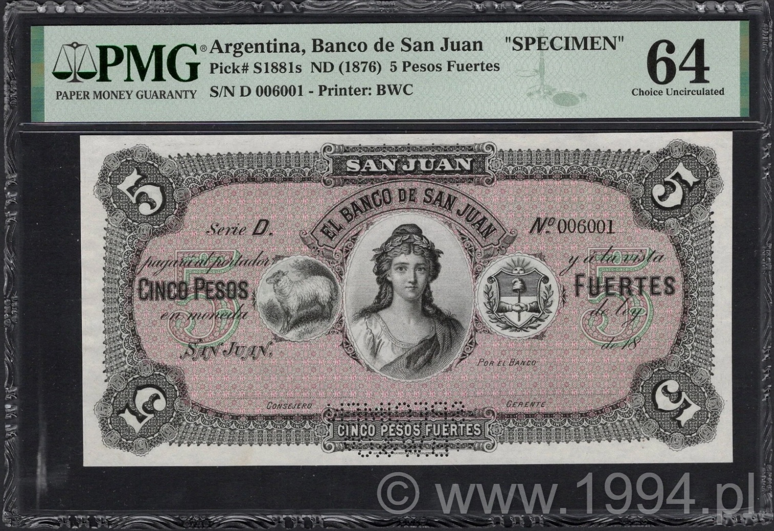 Argentina 1876 Banco de San Juan 5 Pesos Fuertes specimen, PMG 64
