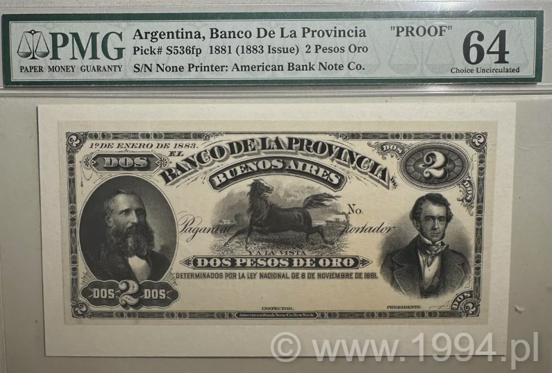 Argentina 1881 Banco de la Provincia de Buenos Aires 2 Pesos Oro Proof, PMG 64 Top Pop