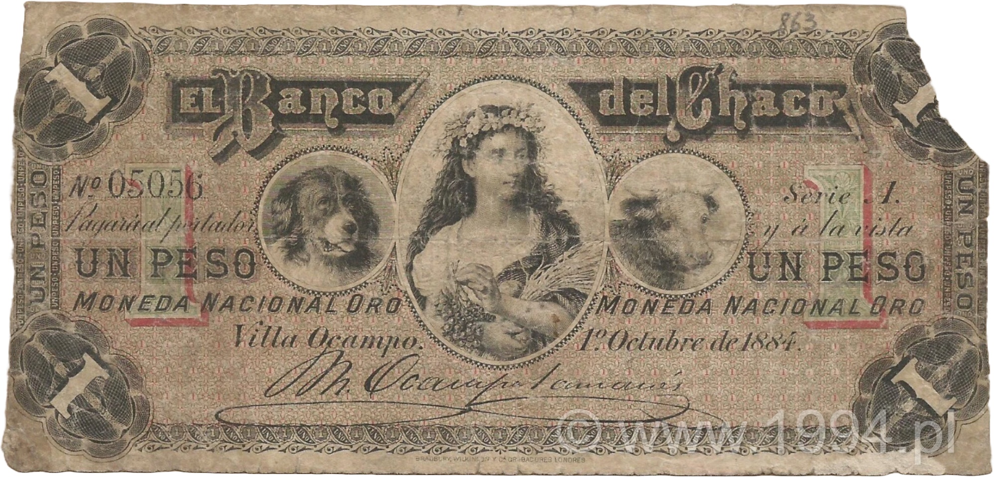 Argentina 1884 El Banco del Chaco 1 Peso Moneda Nacional Oro, Serial 05056, corner-missing example