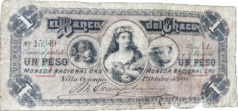 Argentina 1884 El Banco del Chaco 1 Peso Moneda Nacional Oro, Serial 15849