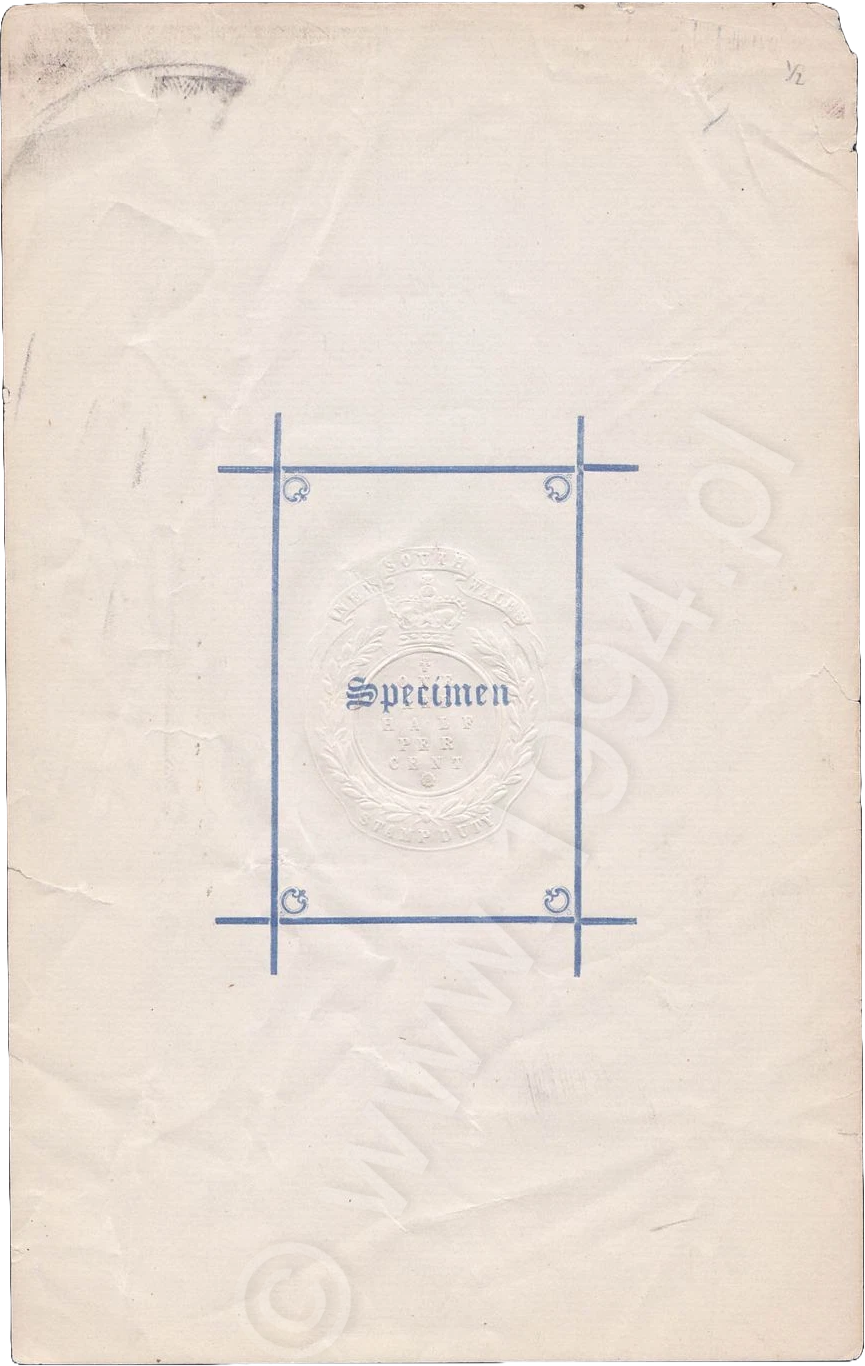 New South Wales 1865 — Embossed 'ONE HALF PERCENT' Stamp Duty Proof (Specimen)