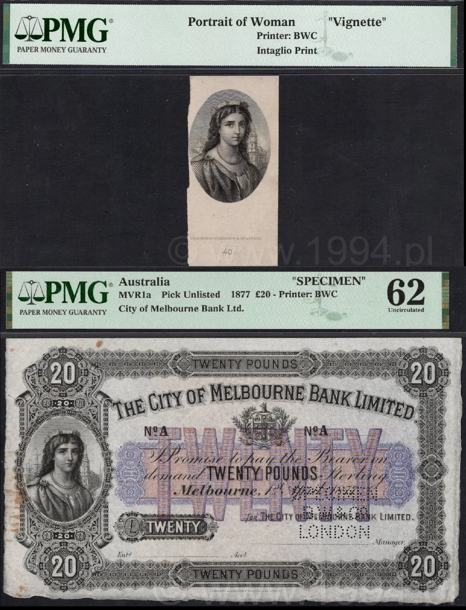 Bradbury, Wilkinson and Company 1877 Portrait of Woman intaglio vignette proof, printer's library design element associated with the City of Melbourne Bank Limited 20 Pounds colonial Australian banknote design