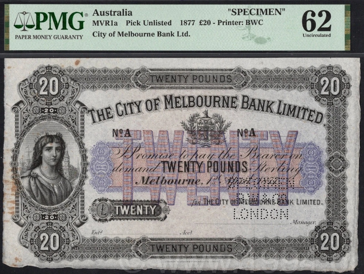 Australia 1877 City of Melbourne Bank Limited £20 specimen, Bradbury Wilkinson master-plate design