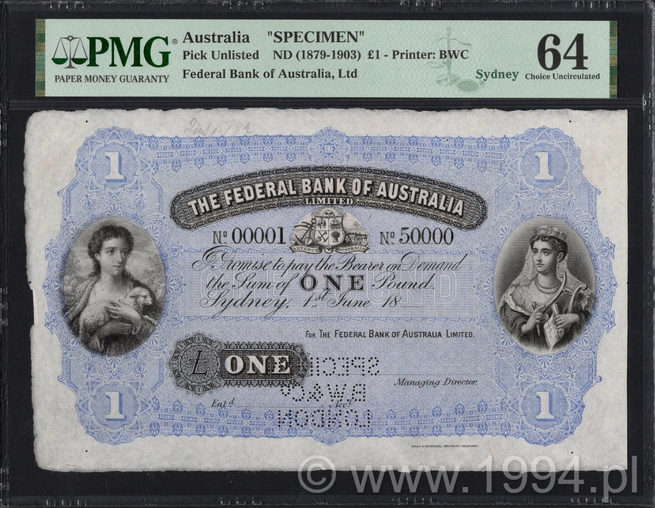 Federal Bank of Australia 1 Pound specimen, annotated with 1882 date, PMG 64 Choice Uncirculated