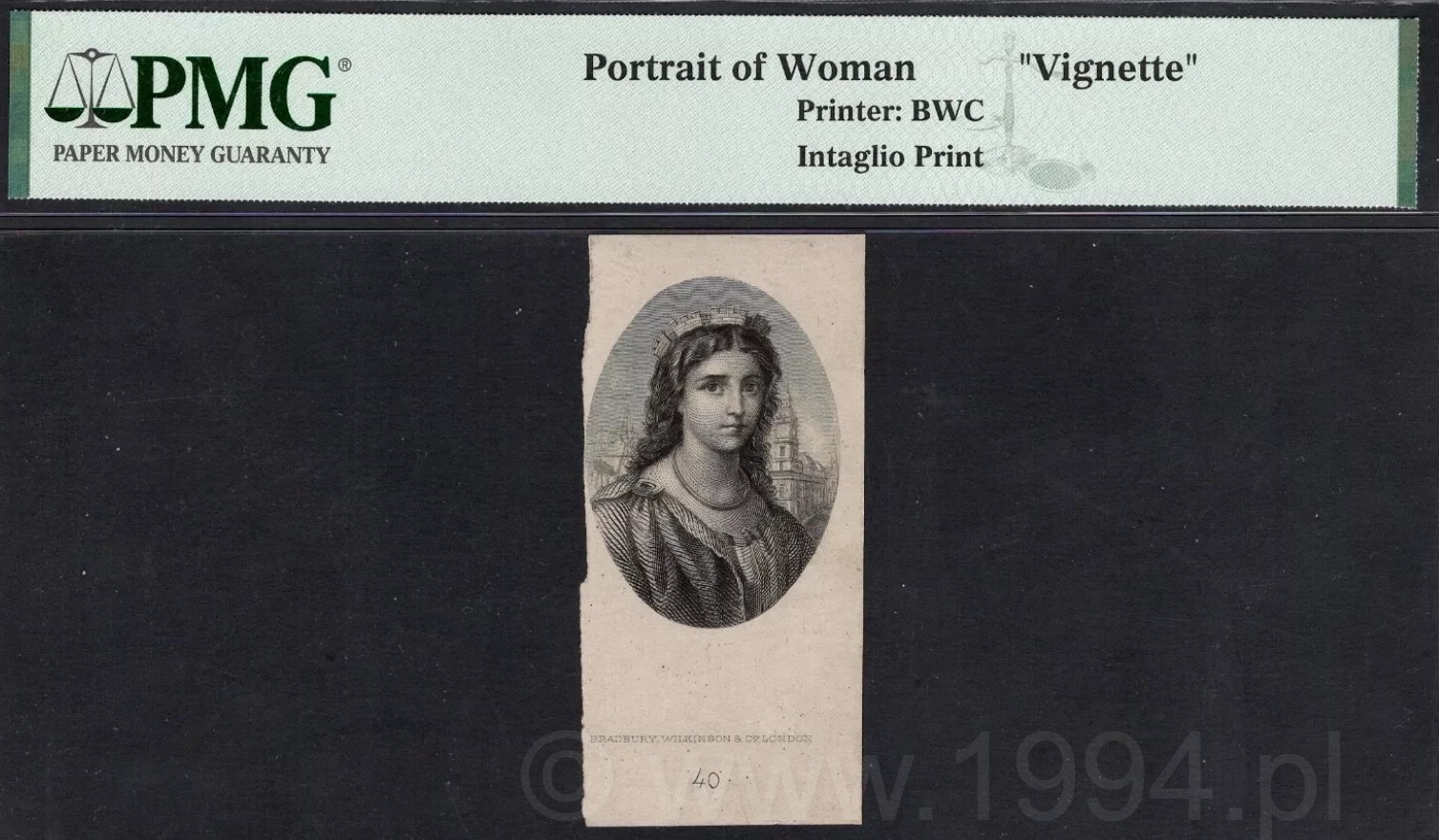 Bradbury Wilkinson portrait of a woman, intaglio vignette proof used on Australian private bank issues including City of Melbourne Bank £20