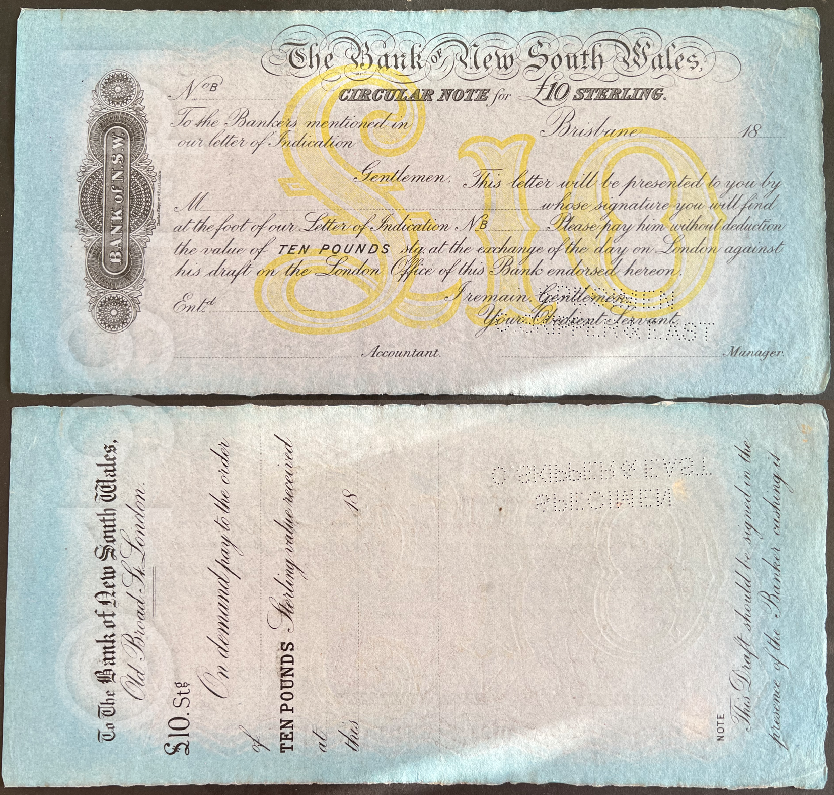 Australia 1890 Bank of New South Wales £10 Brisbane Circular Note specimen, 18__ form with perforated SPECIMEN and large BANK OF NEW SOUTH WALES ornamental watermark, Pick Unlisted, R9 Extremely Rare, unique