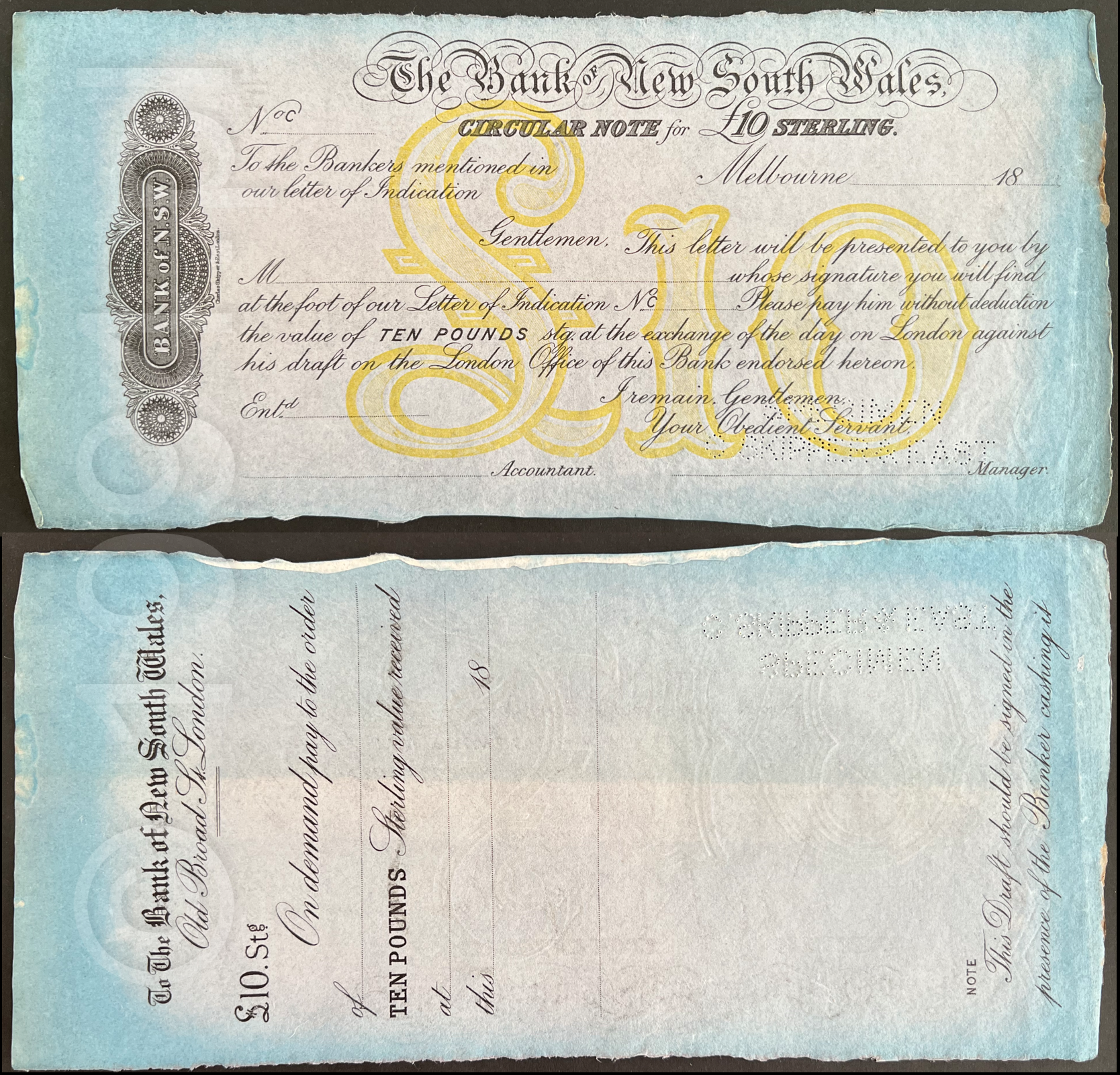 Australia 1890 Bank of New South Wales £10 Melbourne Circular Note specimen, 18__ form with perforated SPECIMEN, large BANK OF NEW SOUTH WALES ornamental watermark, reverse London demand draft, Pick Unlisted, R9 Extremely Rare, unique
