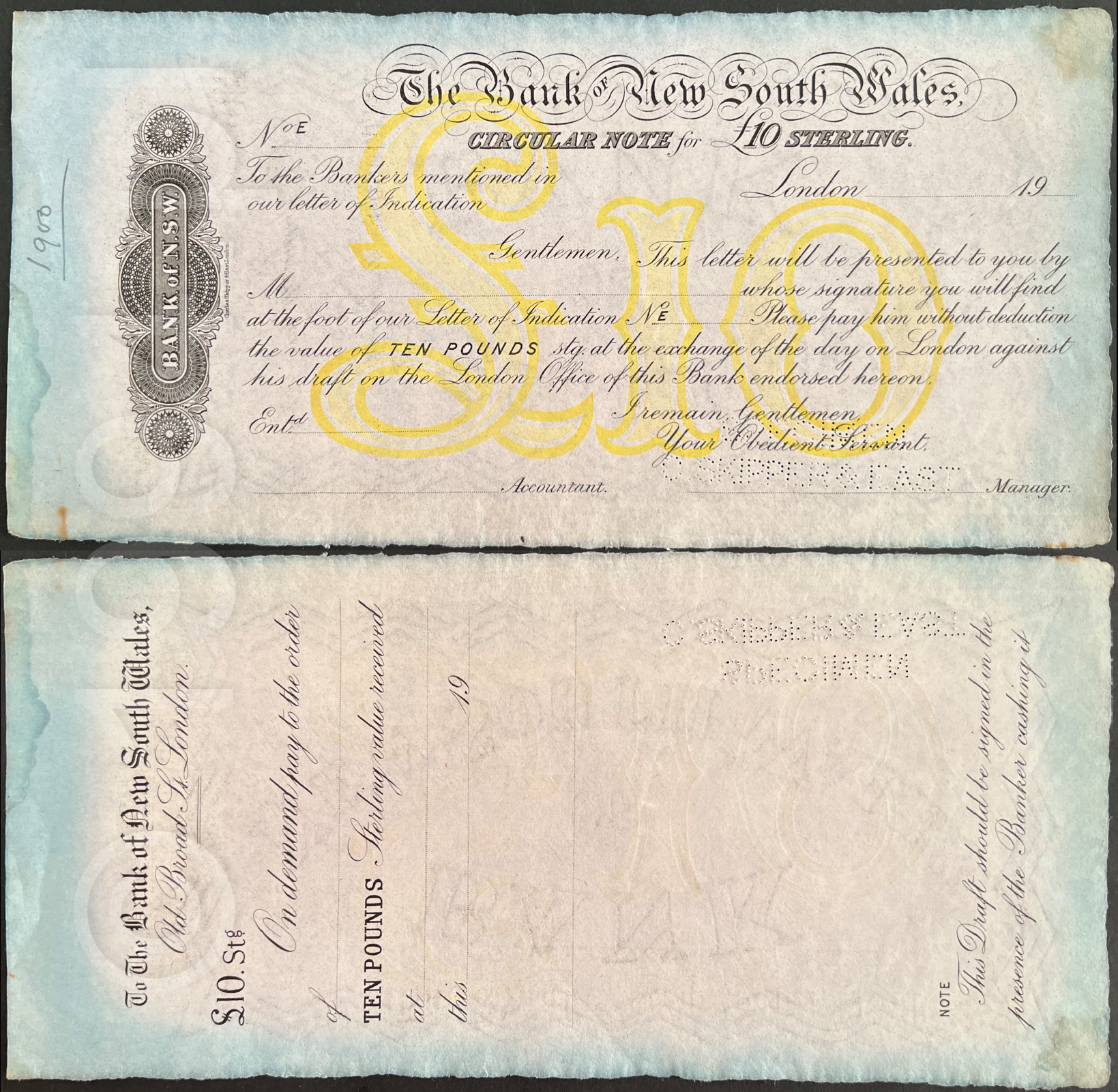 Australia 1900 Bank of New South Wales £10 London Circular Note specimen, 19__ form with perforated SPECIMEN, large BANK OF NEW SOUTH WALES ornamental watermark, reverse Old Broad Street London demand draft, Pick Unlisted, R9 Extremely Rare, unique