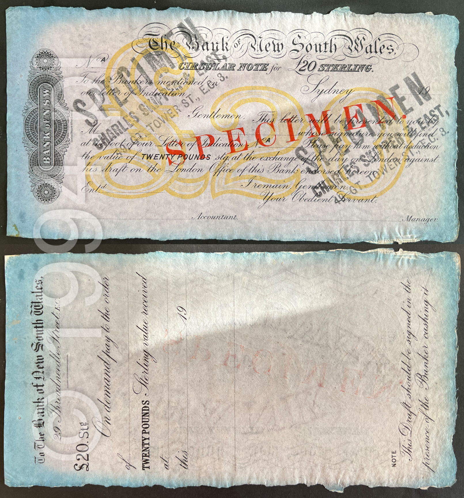 Australia 1900 Bank of New South Wales £20 Sydney Circular Note specimen, 19__ form with red SPECIMEN overprint, two Charles Skipper & East specimen stamps, large BANK OF NEW SOUTH WALES ornamental watermark, Pick Unlisted, R9 Extremely Rare, unique