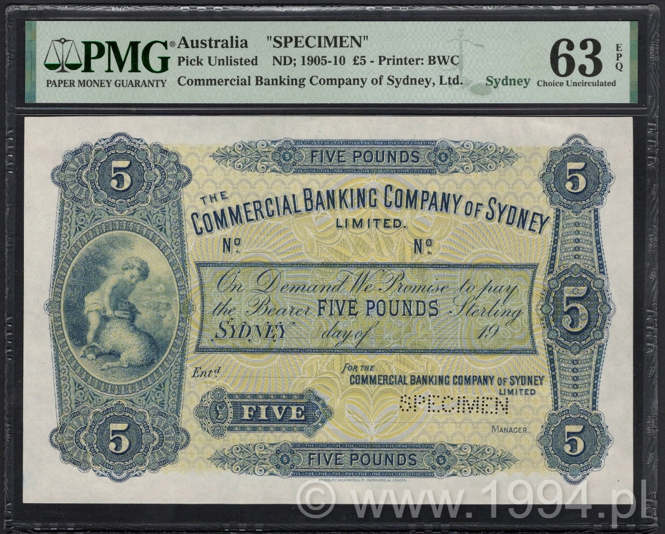 Commercial Banking Company of Sydney £5 proof, circa 1905–1910, PMG 63 EPQ