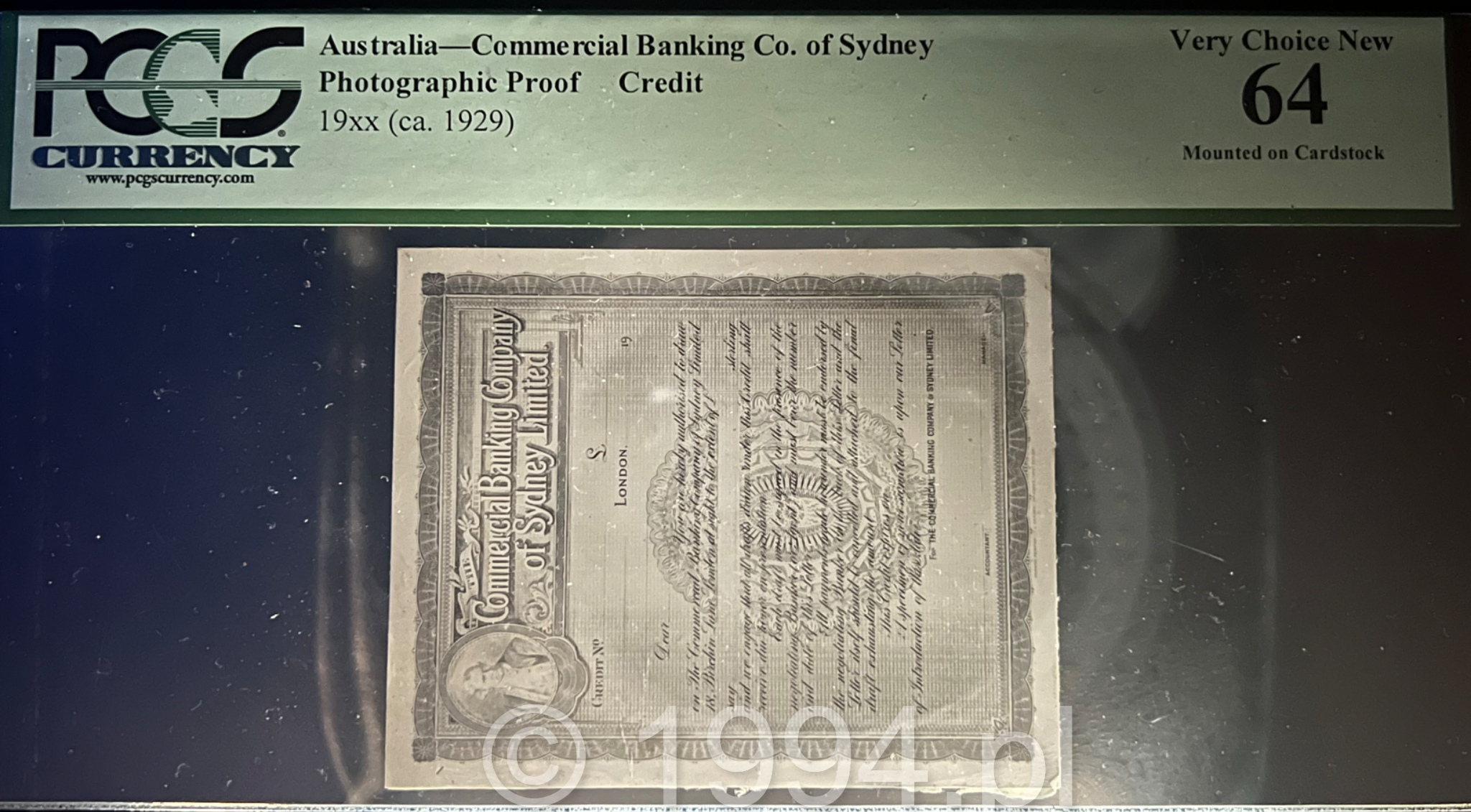 Australia 1929 — Commercial Banking Company of Sydney Limited — Circular Letter of Credit Photographic Proof (Mounted on Cardstock, PCGS 64 Very Choice New)