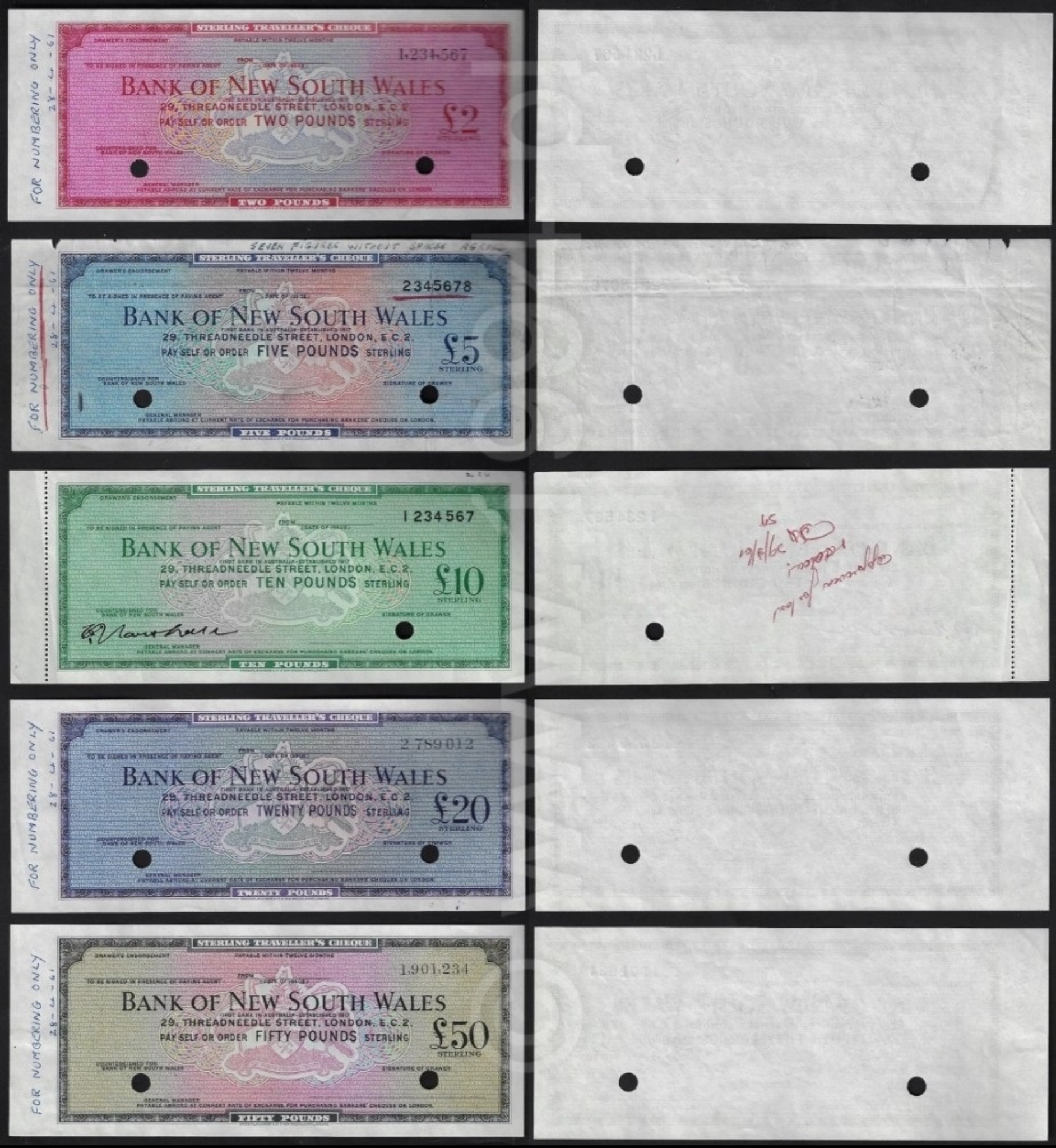 Australia 1961 — Bank of New South Wales, czeki podróżne szterlingowe, kompletny zestaw próbny drukarni Bradbury Wilkinson, Unikat