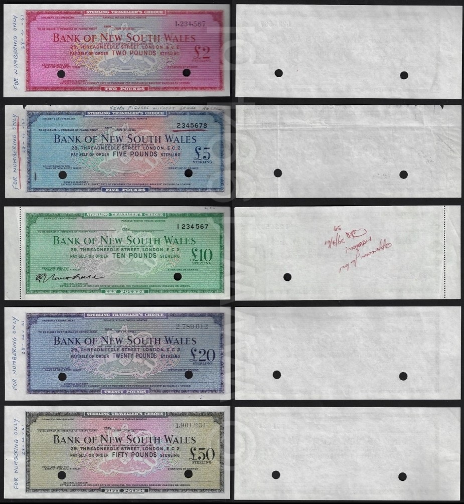 Australia 1961 — Bank of New South Wales Sterling Traveller’s Cheques, Complete Proof Set (Bradbury Wilkinson & Co., London)