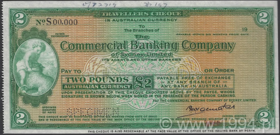 Australia ca.1963 Commercial Banking Co. of Sydney £2 Travellers Cheque specimen