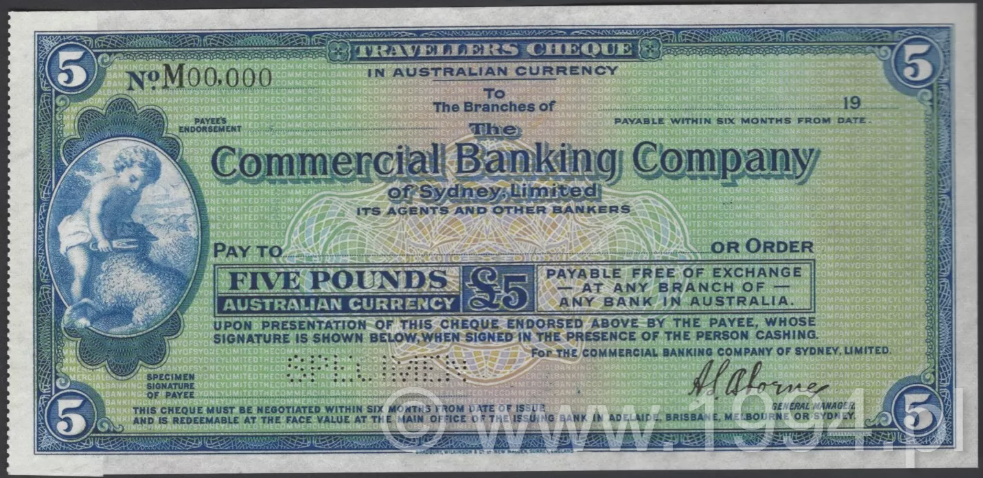 Australia ca.1963 Commercial Banking Co. of Sydney £5 Travellers Cheque specimen