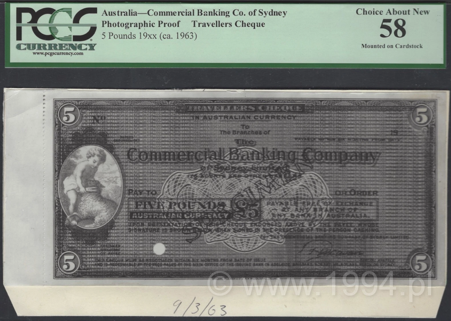 Australia ca.1963 Commercial Banking Co. of Sydney £5 Travellers Cheque photographic proof, PCGS 58