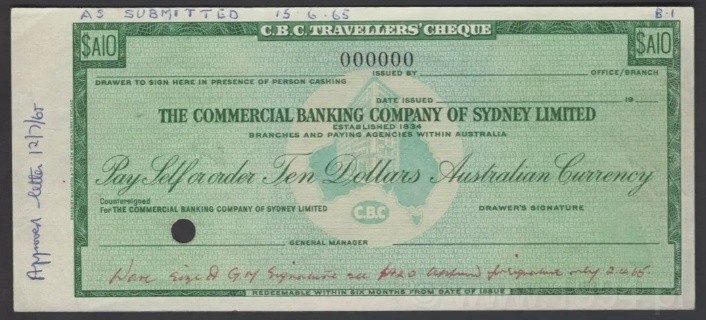 Australia 1965 10 Dollars traveller’s cheque approved design proof by Bradbury Wilkinson & Co. for The Commercial Banking Company of Sydney Limited, archival approval copy with left-side control punch and red approval line