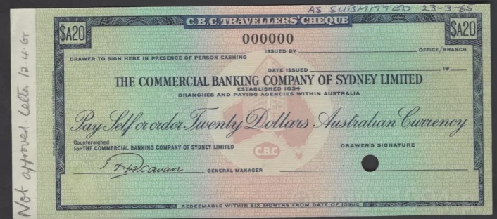 Australia 1965 20 Dollars traveller’s cheque rejected design proof by Bradbury Wilkinson & Co. for The Commercial Banking Company of Sydney Limited, marked Not Approved with right-side punch