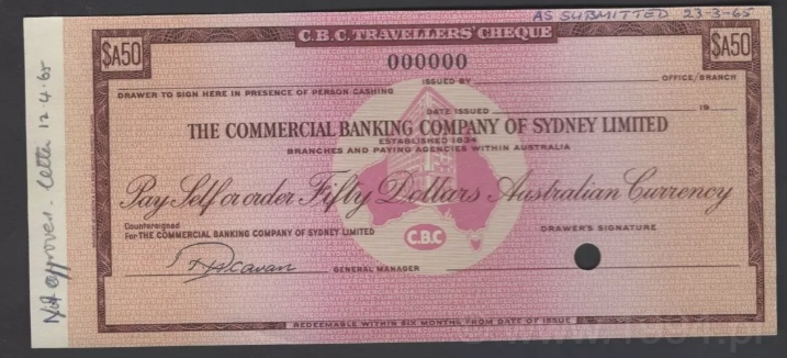 Australia 1965 50 Dollars traveller’s cheque rejected design proof by Bradbury Wilkinson & Co. for The Commercial Banking Company of Sydney Limited, marked Not Approved with right-side control punch