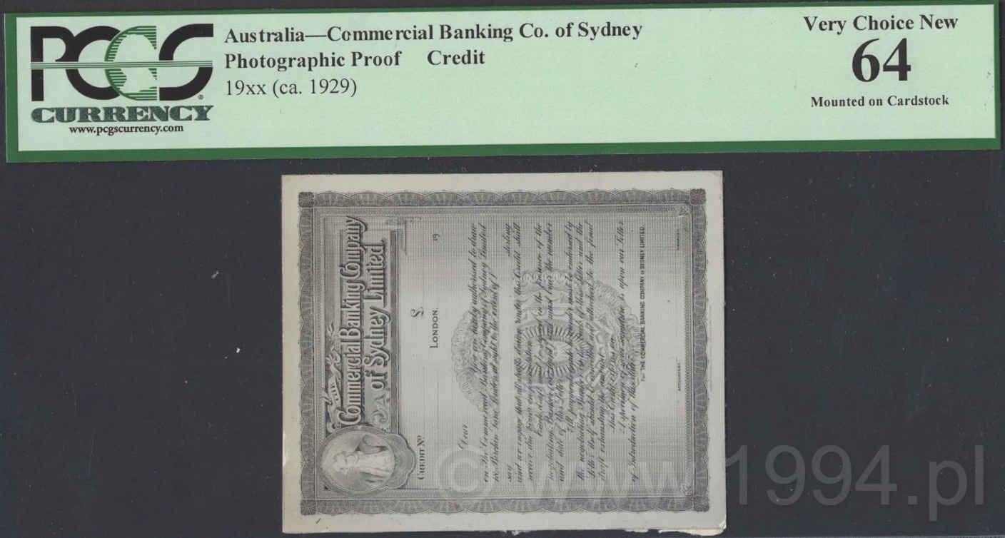 Australia 1929 photographic proof credit form for Commercial Banking Company of Sydney Limited mounted on cardstock PCGS 64
