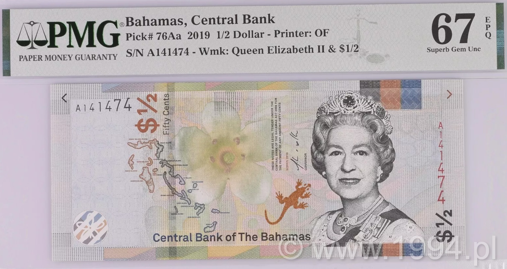 Bahamas 2019 Central Bank 1/2 Dollar, Pick 76Aa, PMG 67 EPQ