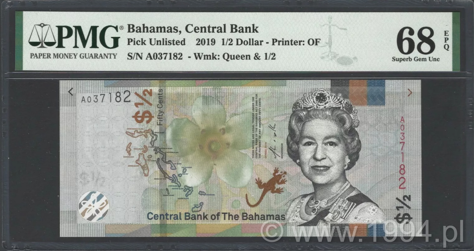 Bahamas 2019 Central Bank 1/2 Dollar, Pick Unlisted (later Pick 76Aa), PMG 68 EPQ
