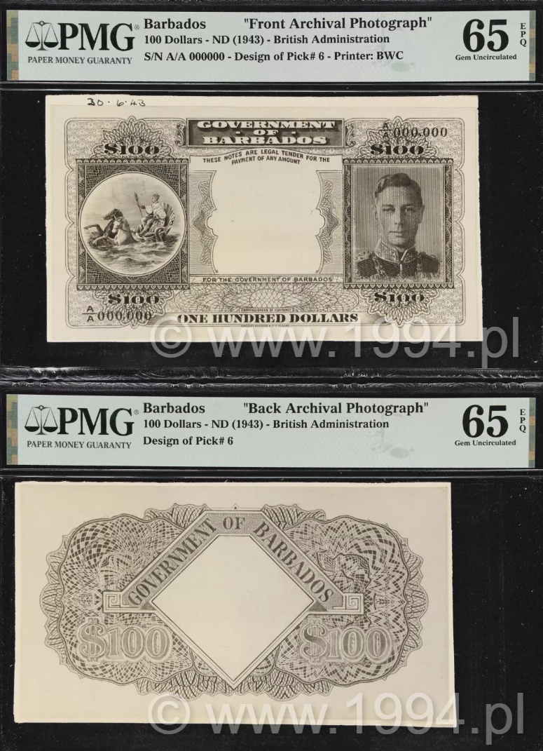 Barbados 1943 $100 archival photograph pair, PMG 65 Gem UNC