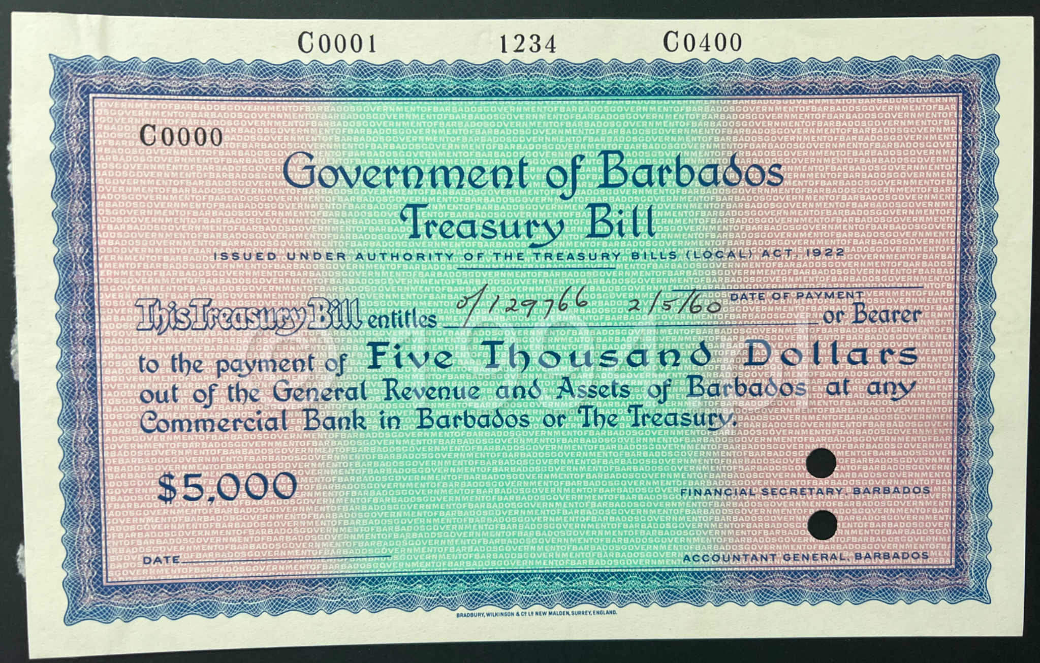 Barbados 1960 Government of Barbados 5,000 Dollars Treasury Bill specimen with prefix C, printed serial range C0001–1234–C0400, handwritten reference of 129766 dated 2/5/60, and two punch hole cancellations
