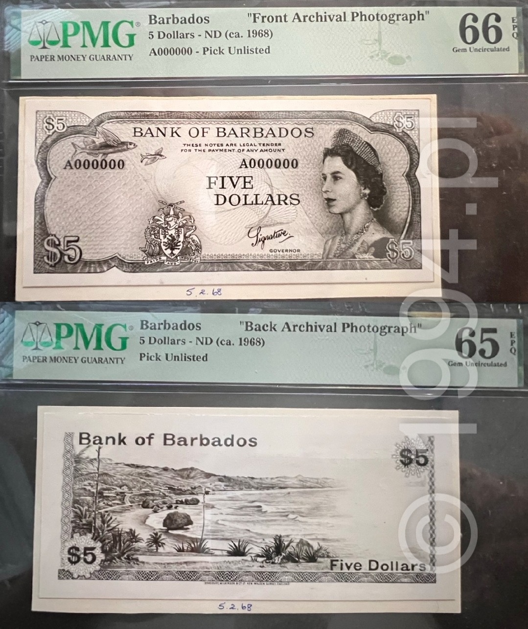 Barbados 1968 Bank of Barbados 5 Dollars unissued banknote design archival photographs, front and back pair produced by Bradbury Wilkinson and Company Limited, PMG 66 and PMG 65 Gem Uncirculated