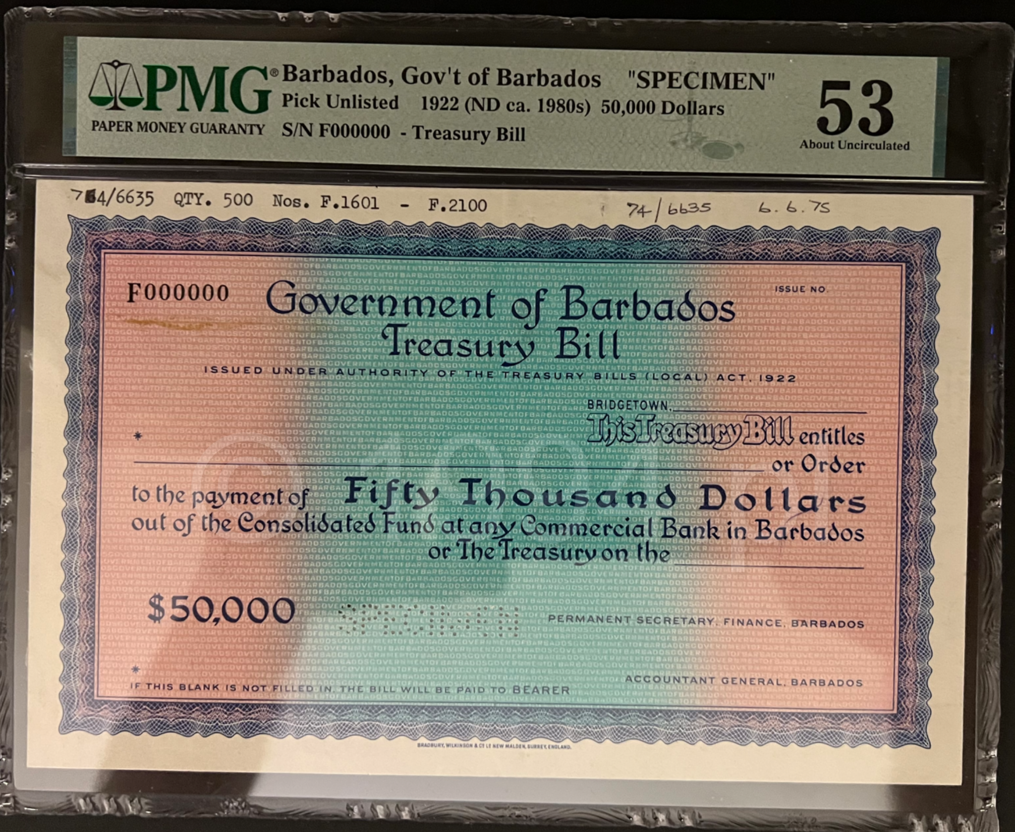 Barbados 1975 Government of Barbados 50,000 Dollars Treasury Bill specimen with perforated SPECIMEN marking, zero serial F000000, atypical prefix F for denomination, extensive top-margin administrative annotations dated 6.6.75, and no punch hole cancellation