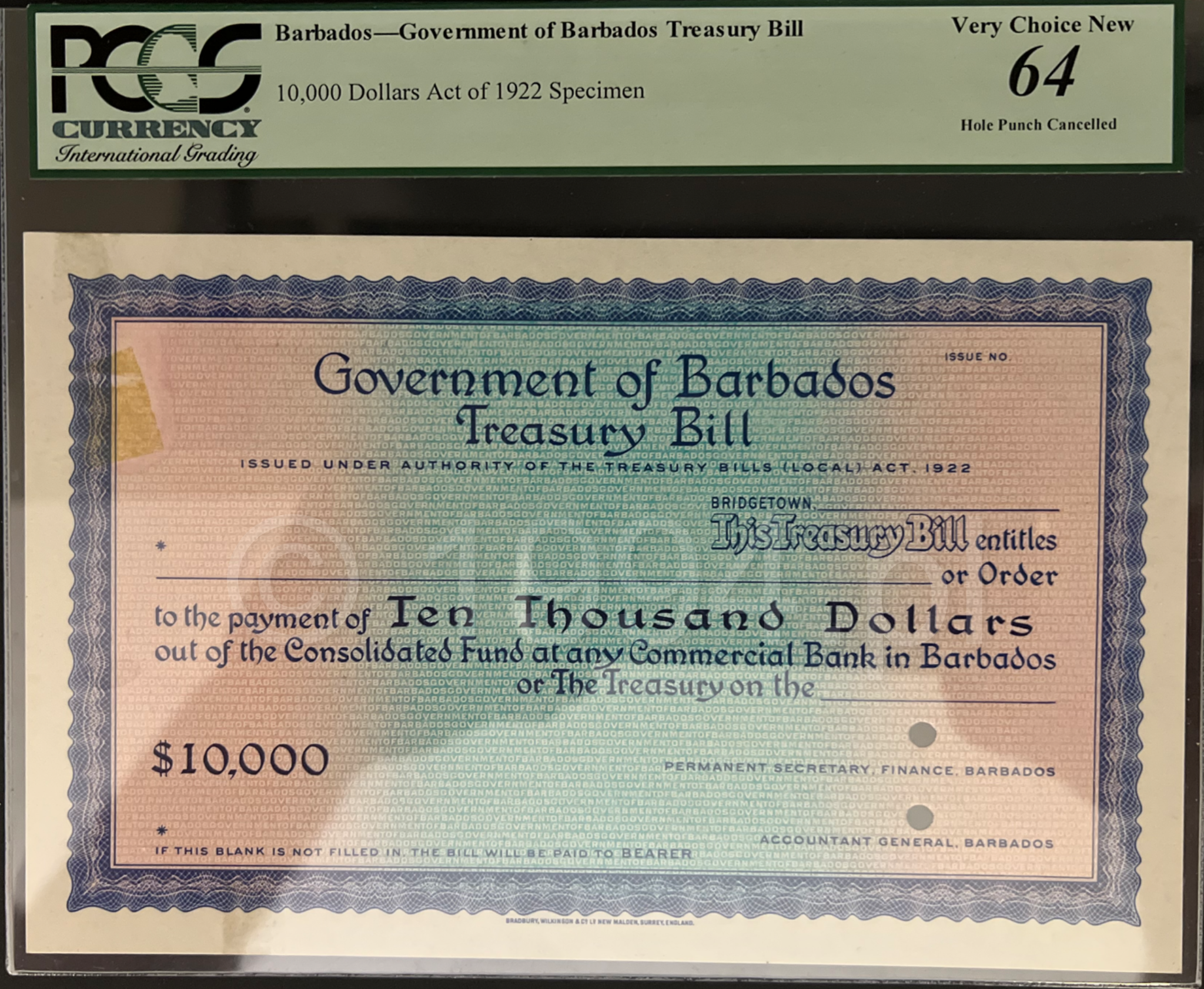 Barbados 1980 Government of Barbados 10,000 Dollars Treasury Bill specimen with punch hole cancellation, no prefix, and no serial number