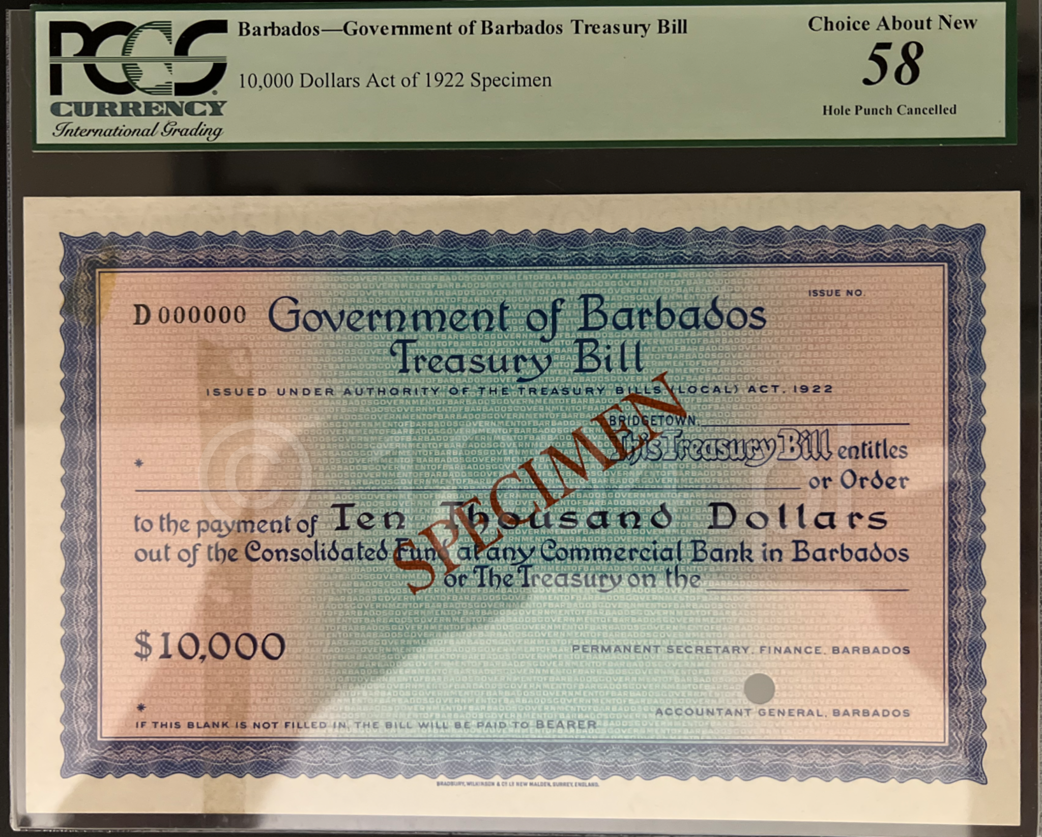 Barbados 1980 Government of Barbados 10,000 Dollars Treasury Bill specimen with red diagonal SPECIMEN overprint, prefix D zero serial D000000, and single punch hole cancellation