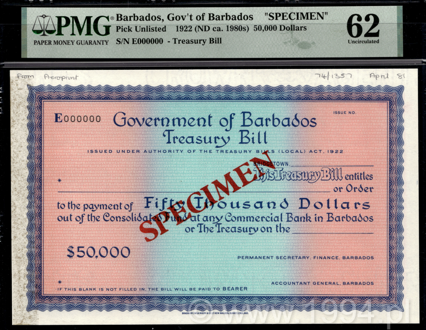 Barbados $50,000 Treasury Bill specimen, PMG 62 Unc